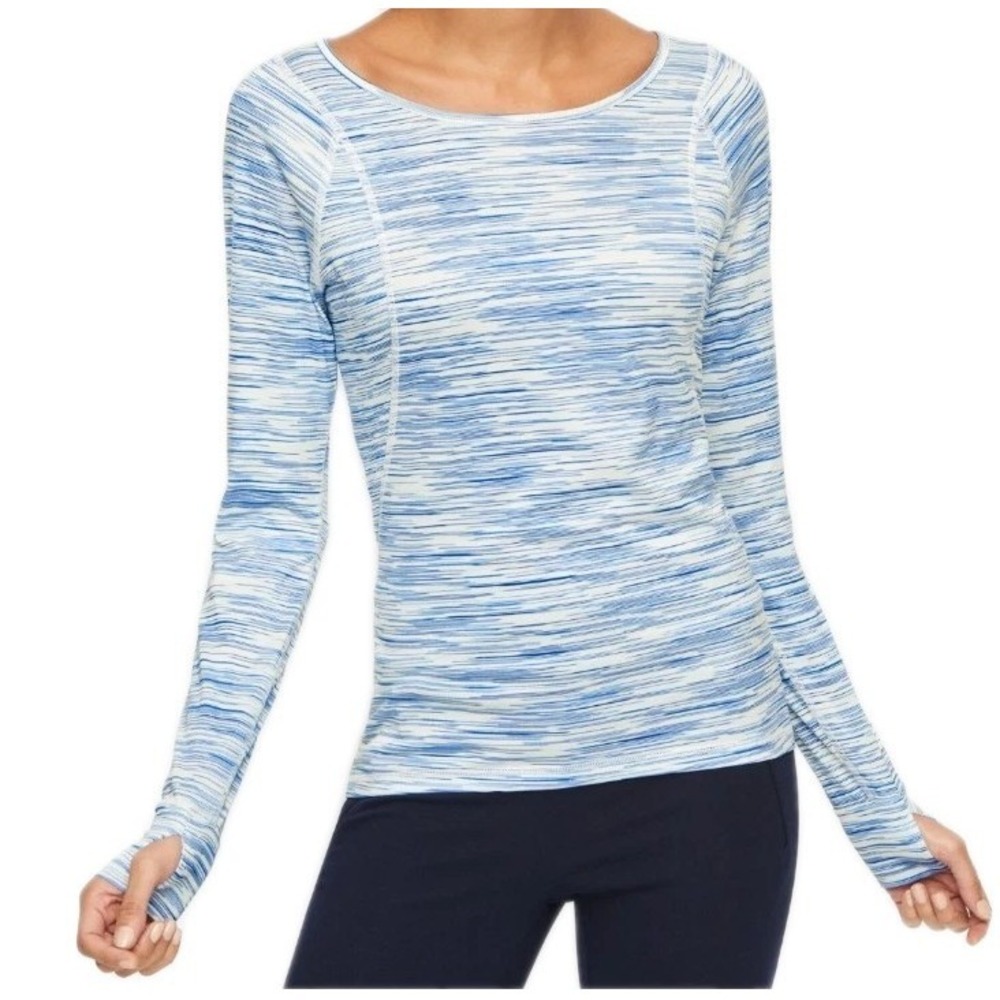 T by Talbots Womens Space Dye Active Tee Size Large Blue Kangaroo Thumbhole Top